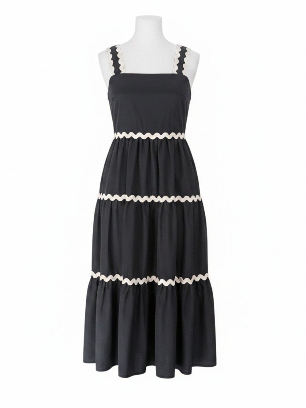 Entro Black Tiered Midi Dress Size S Cream Ric Rac Trim — EUC